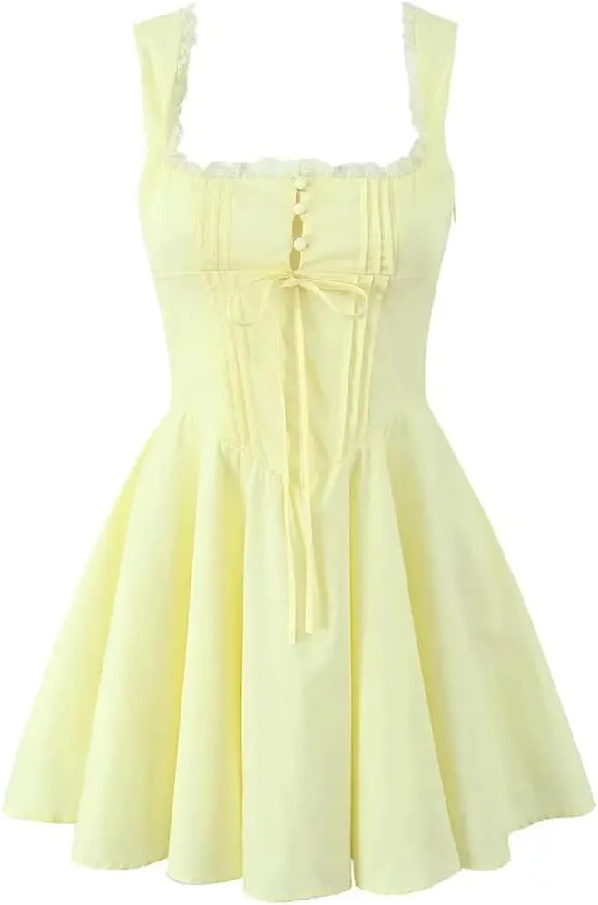 Women Sexy Sleeveless Lace Up Dress Lace Patchwork A-Line Party Evening Mini Dresses