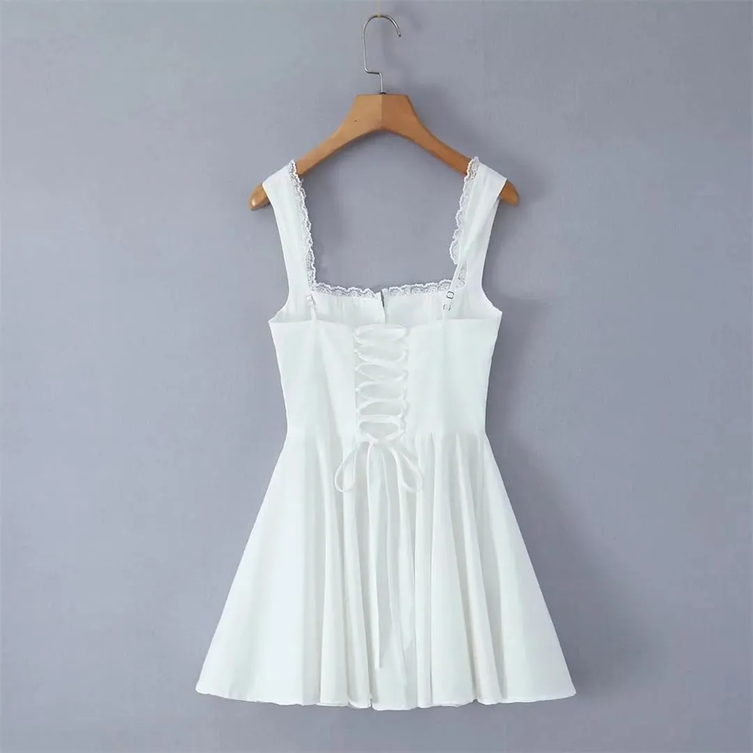 Women Sexy Sleeveless Lace Up Dress Lace Patchwork A-Line Party Evening Mini Dresses