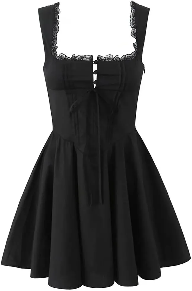 Women Sexy Sleeveless Lace Up Dress Lace Patchwork A-Line Party Evening Mini Dresses