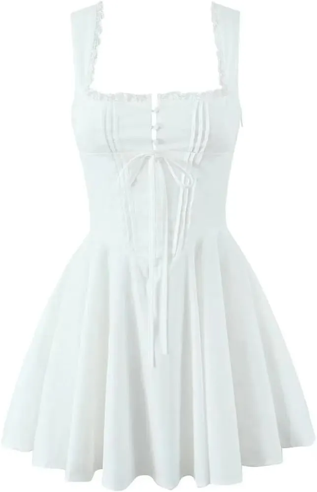 Women Sexy Sleeveless Lace Up Dress Lace Patchwork A-Line Party Evening Mini Dresses