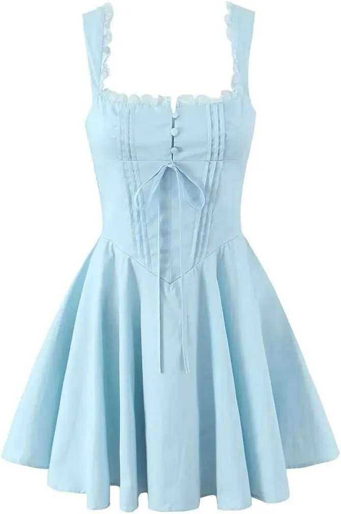 Women Sexy Sleeveless Lace Up Dress Lace Patchwork A-Line Party Evening Mini Dresses