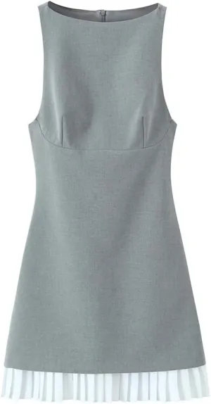 Women Sleeveless Patchwork Mini Dress Crew Neck Pleated Hem A-Line Office Casual Tank Dresses