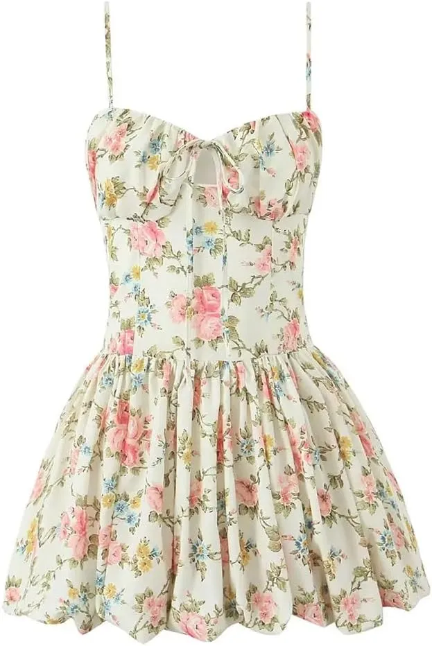 Women Spaghetti Strap Floral Print Mini Dress Sleeveless Sexy Holiday Party Dresses