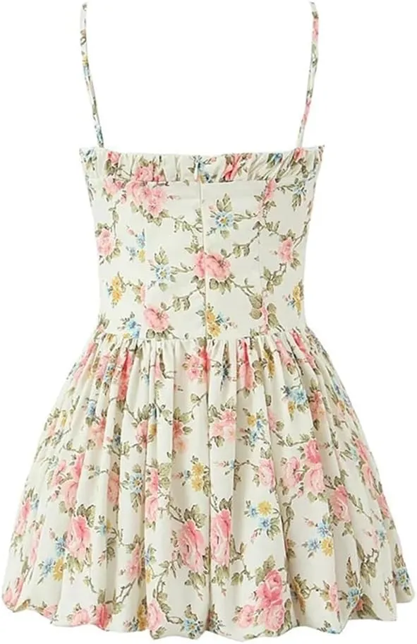 Women Spaghetti Strap Floral Print Mini Dress Sleeveless Sexy Holiday Party Dresses