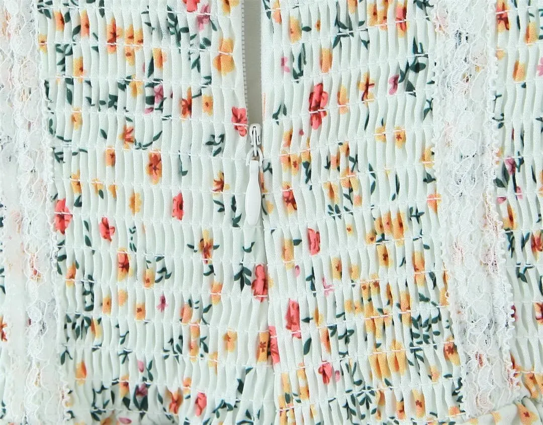 Women Spaghetti Strap Lace Up Mini Dress Floral Print Lace Patchwork A-Line Holiday Party Dresses