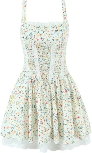 Women Spaghetti Strap Lace Up Mini Dress Floral Print Lace Patchwork A-Line Holiday Party Dresses