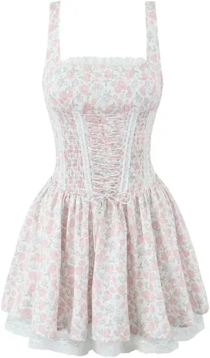 Women Spaghetti Strap Lace Up Mini Dress Floral Print Lace Patchwork A-Line Holiday Party Dresses