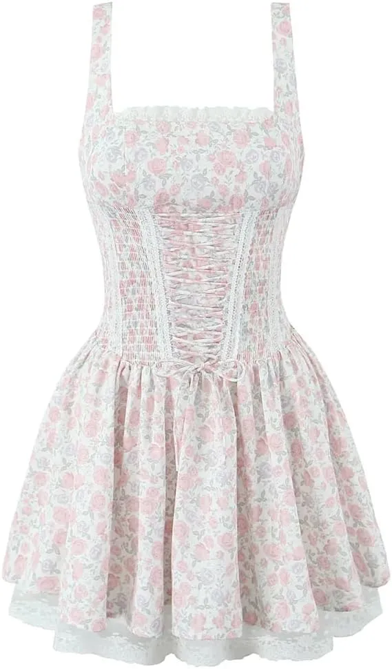 Women Spaghetti Strap Lace Up Mini Dress Floral Print Lace Patchwork A-Line Holiday Party Dresses