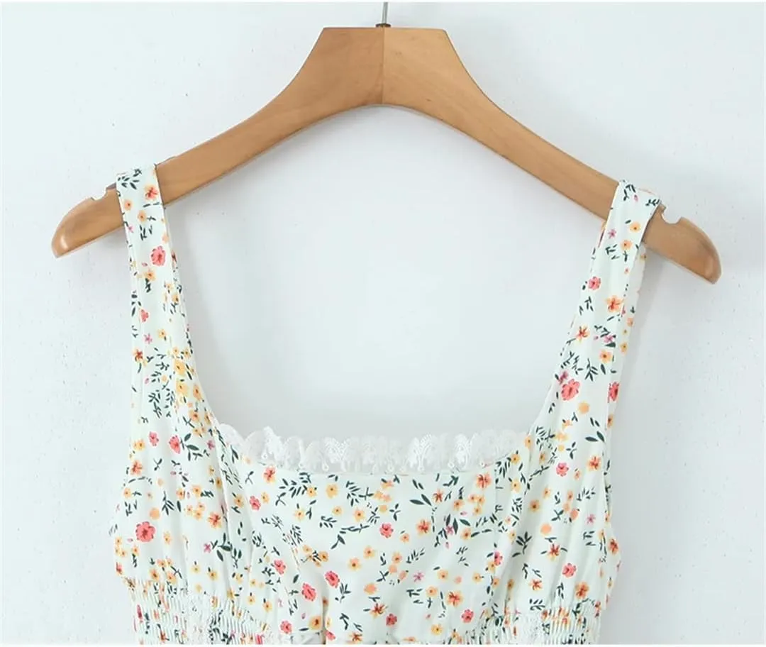 Women Spaghetti Strap Lace Up Mini Dress Floral Print Lace Patchwork A-Line Holiday Party Dresses