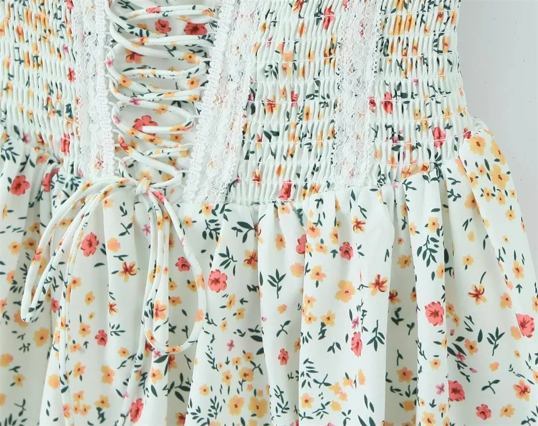 Women Spaghetti Strap Lace Up Mini Dress Floral Print Lace Patchwork A-Line Holiday Party Dresses