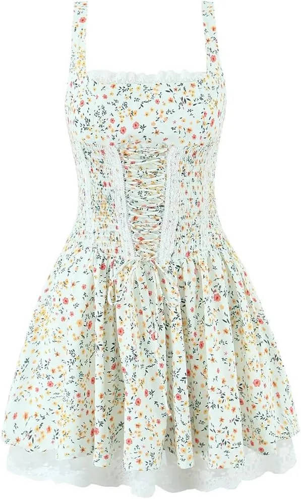 Women Spaghetti Strap Lace Up Mini Dress Floral Print Lace Patchwork A-Line Holiday Party Dresses
