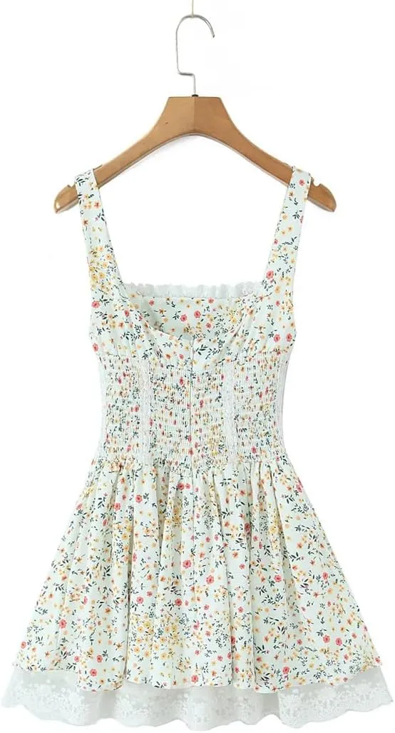 Women Spaghetti Strap Lace Up Mini Dress Floral Print Lace Patchwork A-Line Holiday Party Dresses