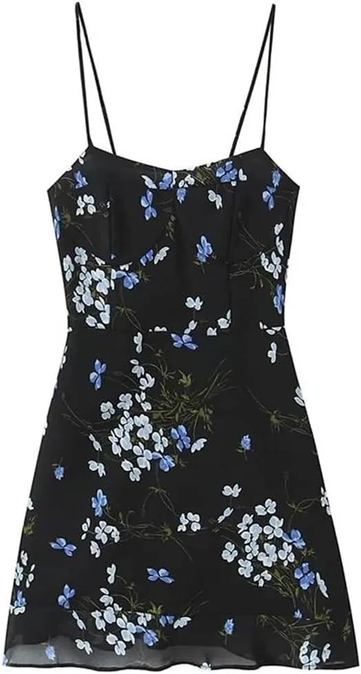 Women Spaghetti Strap Ruffle Cake Dress Floral Print Holiday Party Mini Dresses