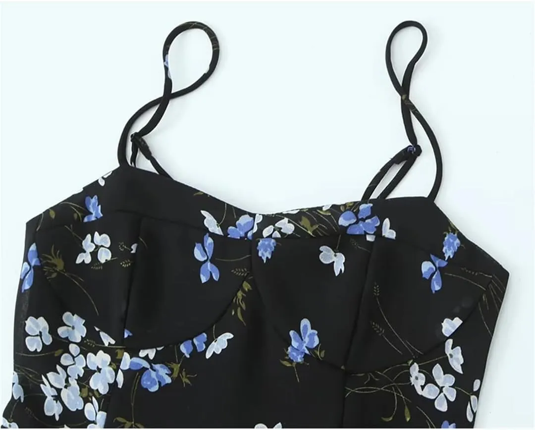 Women Spaghetti Strap Ruffle Cake Dress Floral Print Holiday Party Mini Dresses