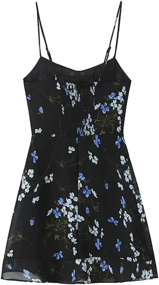Women Spaghetti Strap Ruffle Cake Dress Floral Print Holiday Party Mini Dresses