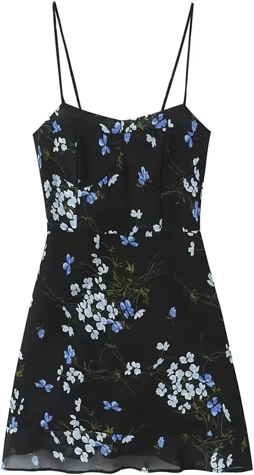 Women Spaghetti Strap Ruffle Cake Dress Floral Print Holiday Party Mini Dresses