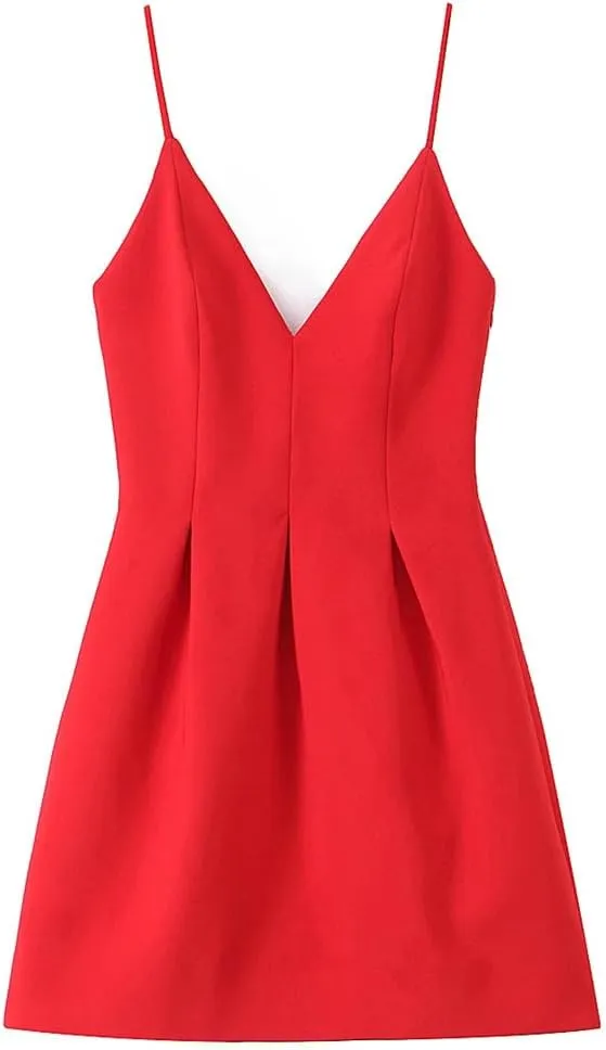 Women Spaghetti Straps Mini Dress Solid V Neck Sleeveless A-Line Slim Party Camisole Dresses