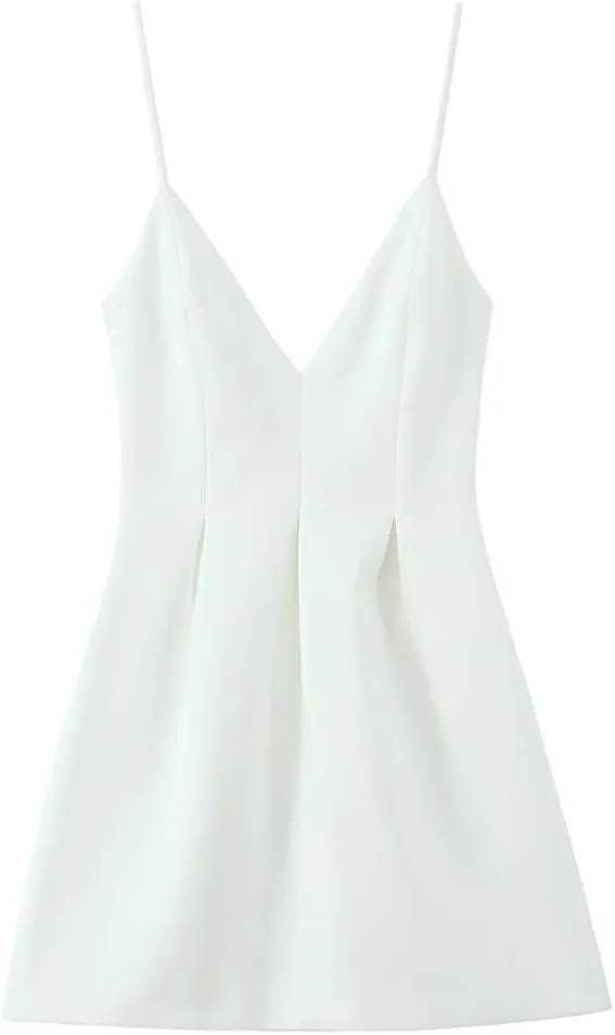 Women Spaghetti Straps Mini Dress Solid V Neck Sleeveless A-Line Slim Party Camisole Dresses