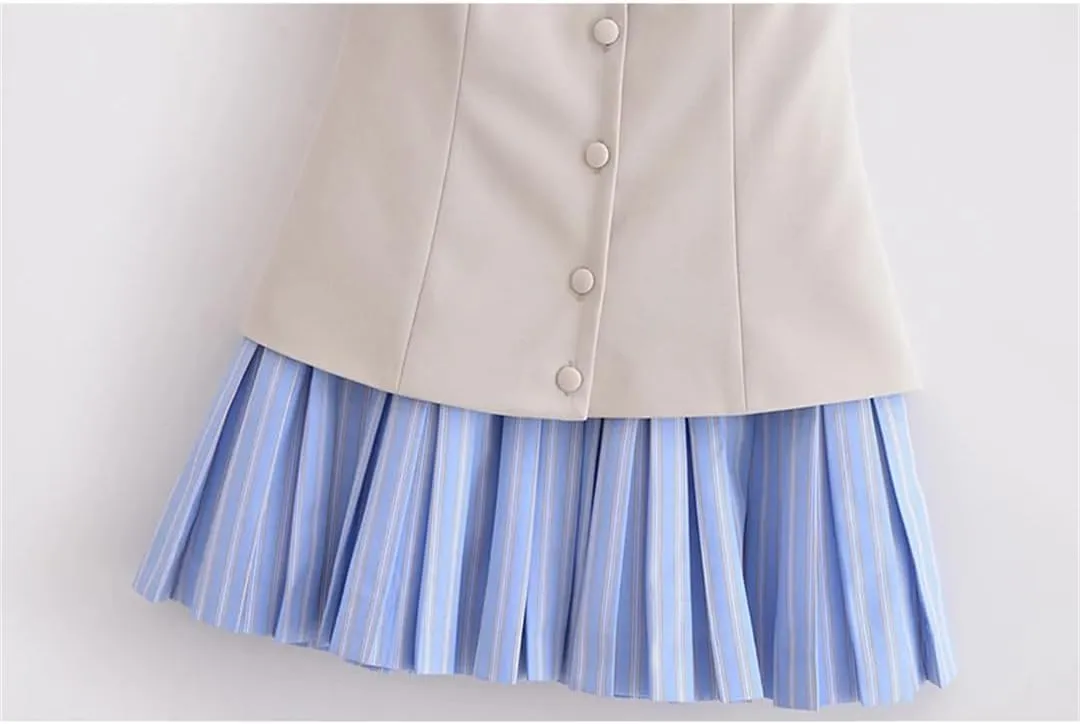 Women Striped Patchwork Mini Dress Pleated Hem Spaghetti Straps Backless A-Line Short Dresses
