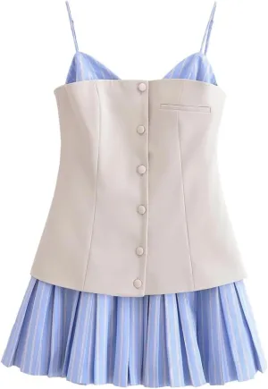 Women Striped Patchwork Mini Dress Pleated Hem Spaghetti Straps Backless A-Line Short Dresses