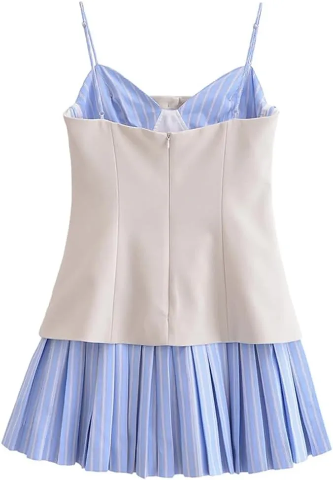 Women Striped Patchwork Mini Dress Pleated Hem Spaghetti Straps Backless A-Line Short Dresses