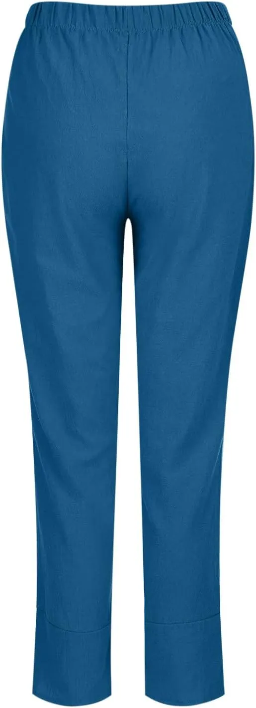 Women Summer Cropped Linen Pants Lounge Beach Comfort Pants Casual Stretch Elastic Waist Trousers with Pockets
