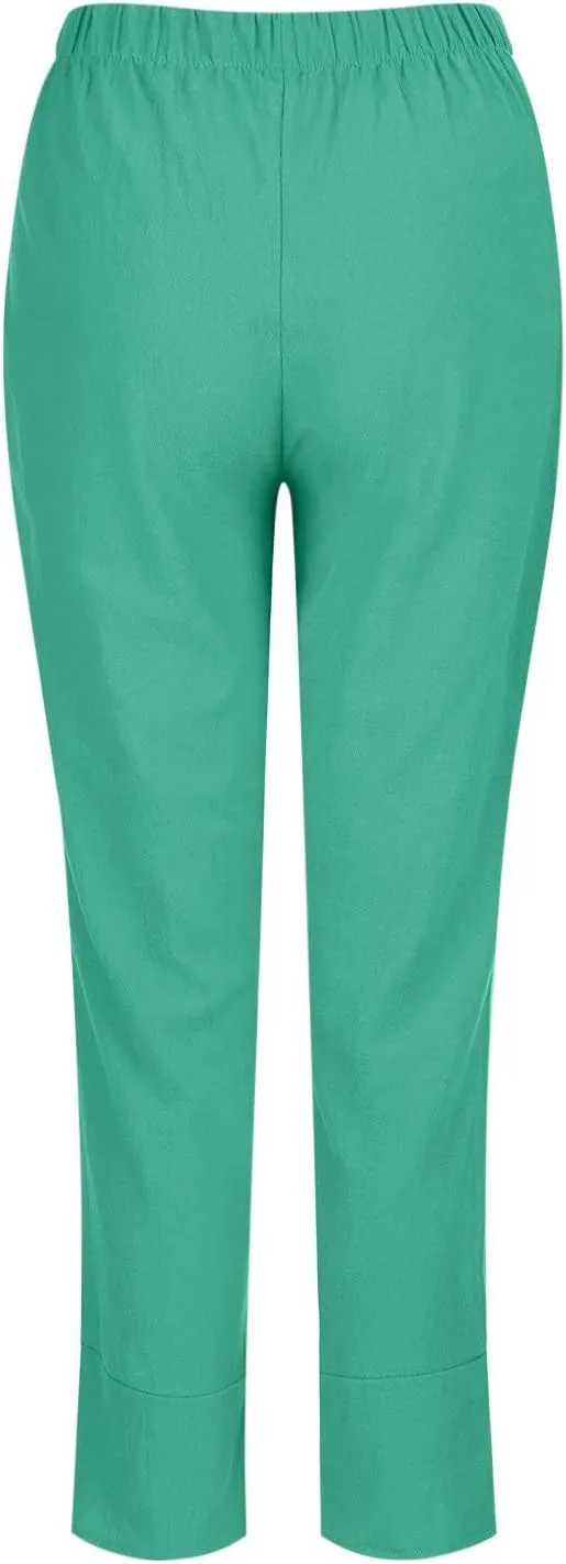 Women Summer Cropped Linen Pants Lounge Beach Comfort Pants Casual Stretch Elastic Waist Trousers with Pockets