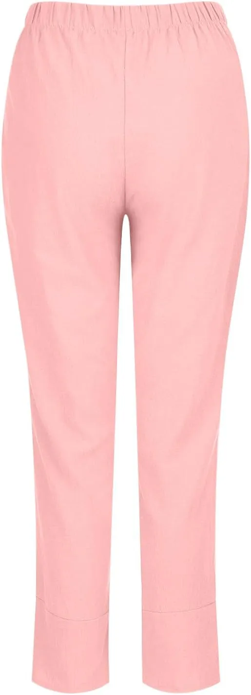 Women Summer Cropped Linen Pants Lounge Beach Comfort Pants Casual Stretch Elastic Waist Trousers with Pockets