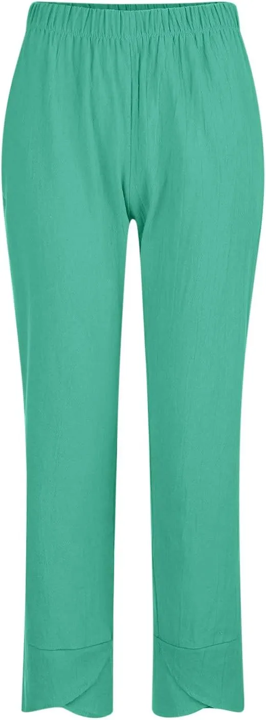 Women Summer Cropped Linen Pants Lounge Beach Comfort Pants Casual Stretch Elastic Waist Trousers with Pockets