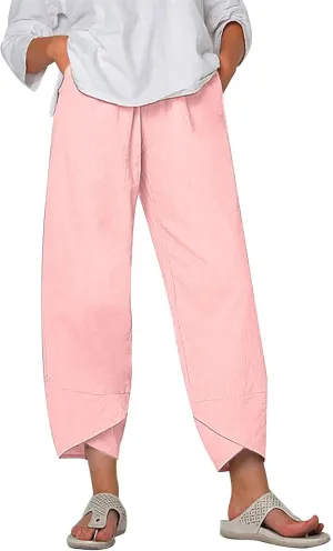 Women Summer Cropped Linen Pants Lounge Beach Comfort Pants Casual Stretch Elastic Waist Trousers with Pockets