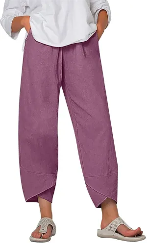 Women Summer Cropped Linen Pants Lounge Beach Comfort Pants Casual Stretch Elastic Waist Trousers with Pockets
