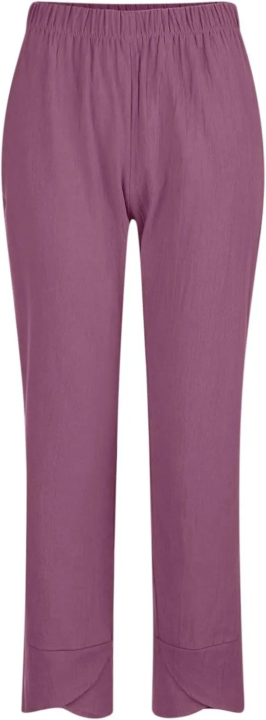 Women Summer Cropped Linen Pants Lounge Beach Comfort Pants Casual Stretch Elastic Waist Trousers with Pockets