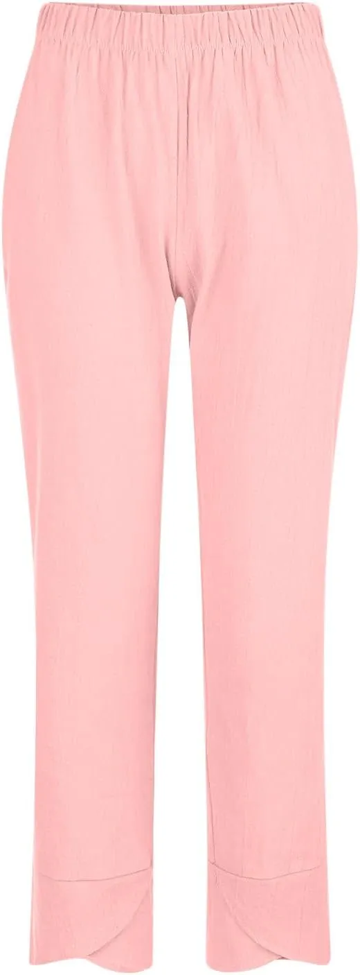 Women Summer Cropped Linen Pants Lounge Beach Comfort Pants Casual Stretch Elastic Waist Trousers with Pockets