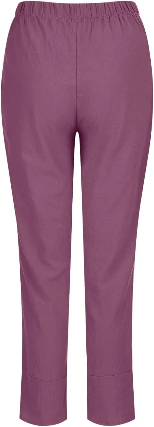 Women Summer Cropped Linen Pants Lounge Beach Comfort Pants Casual Stretch Elastic Waist Trousers with Pockets