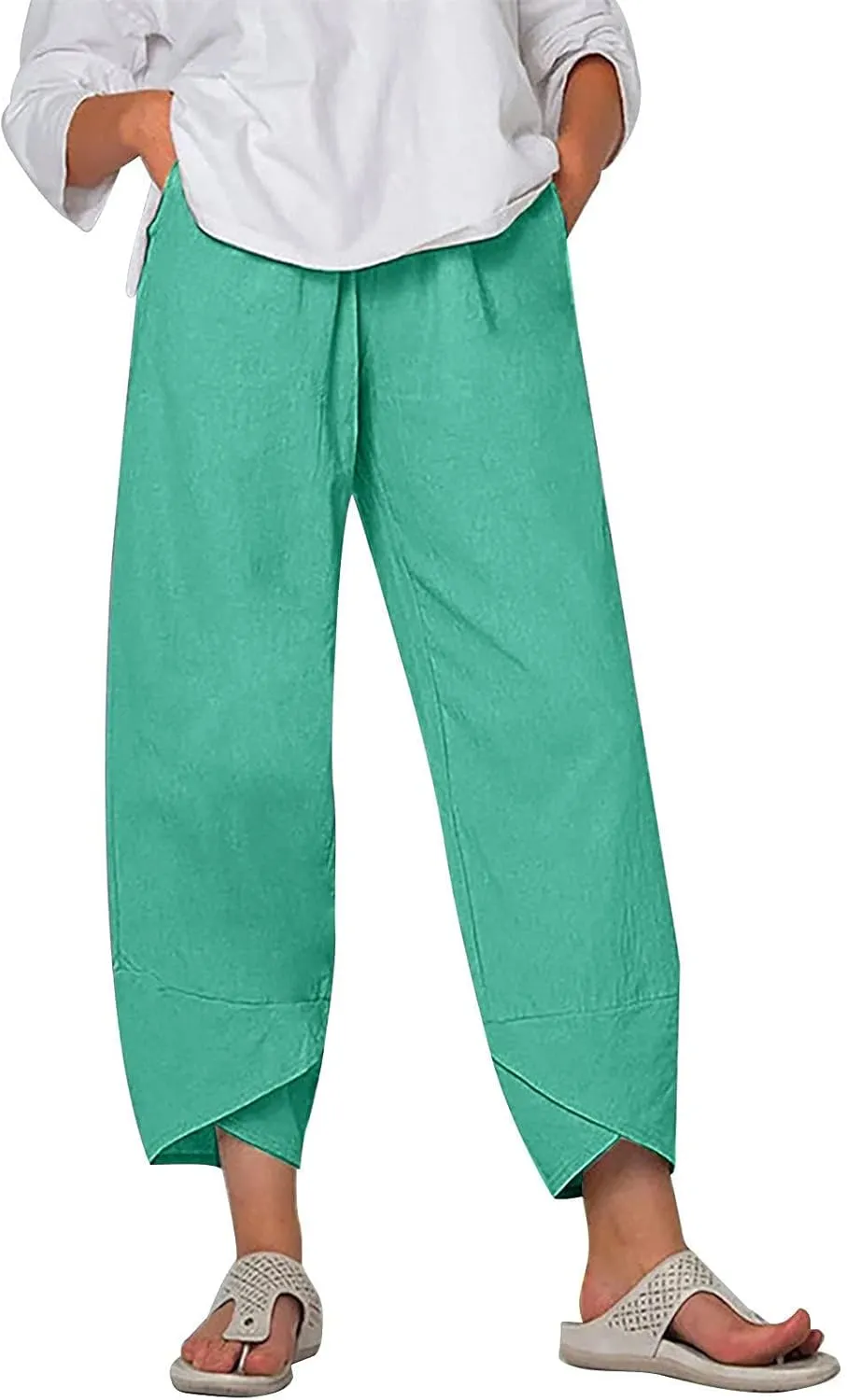 Women Summer Cropped Linen Pants Lounge Beach Comfort Pants Casual Stretch Elastic Waist Trousers with Pockets