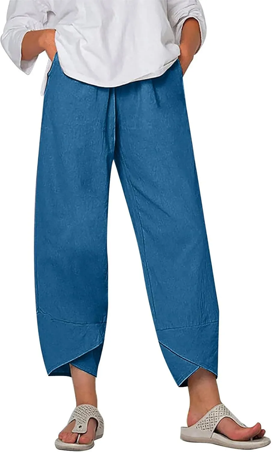 Women Summer Cropped Linen Pants Lounge Beach Comfort Pants Casual Stretch Elastic Waist Trousers with Pockets