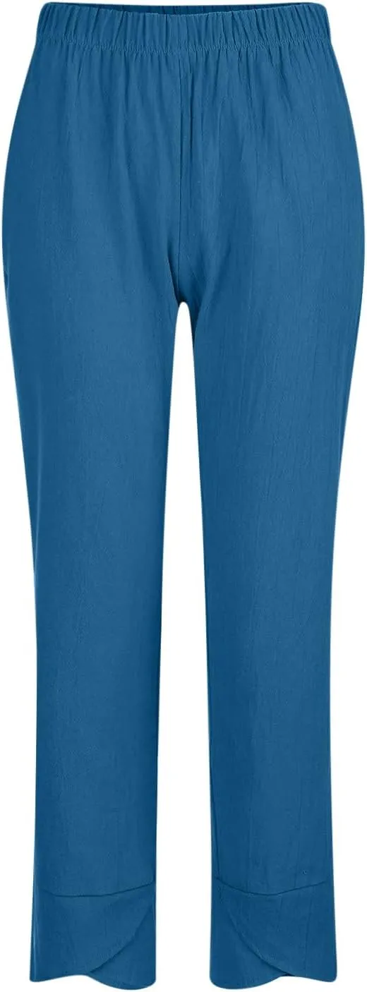 Women Summer Cropped Linen Pants Lounge Beach Comfort Pants Casual Stretch Elastic Waist Trousers with Pockets
