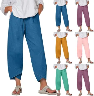 Women Summer Cropped Linen Pants Lounge Beach Comfort Pants Casual Stretch Elastic Waist Trousers with Pockets