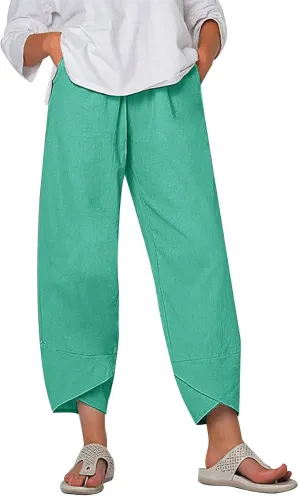 Women Summer Cropped Linen Pants Lounge Beach Comfort Pants Casual Stretch Elastic Waist Trousers with Pockets