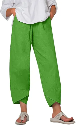 Women Summer Cropped Linen Pants Lounge Beach Comfort Pants Casual Stretch Elastic Waist Trousers with Pockets
