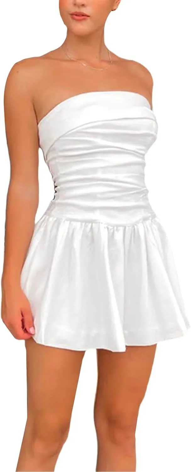 Women Summer Ruffle Floral Strapless Mini Dress Y2k Casual Layered Slim Fit Short Dress Flowy Boho Beach Sundress