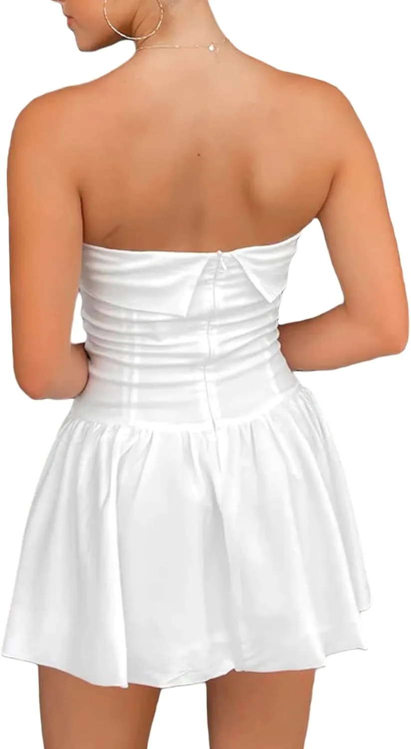 Women Summer Ruffle Floral Strapless Mini Dress Y2k Casual Layered Slim Fit Short Dress Flowy Boho Beach Sundress