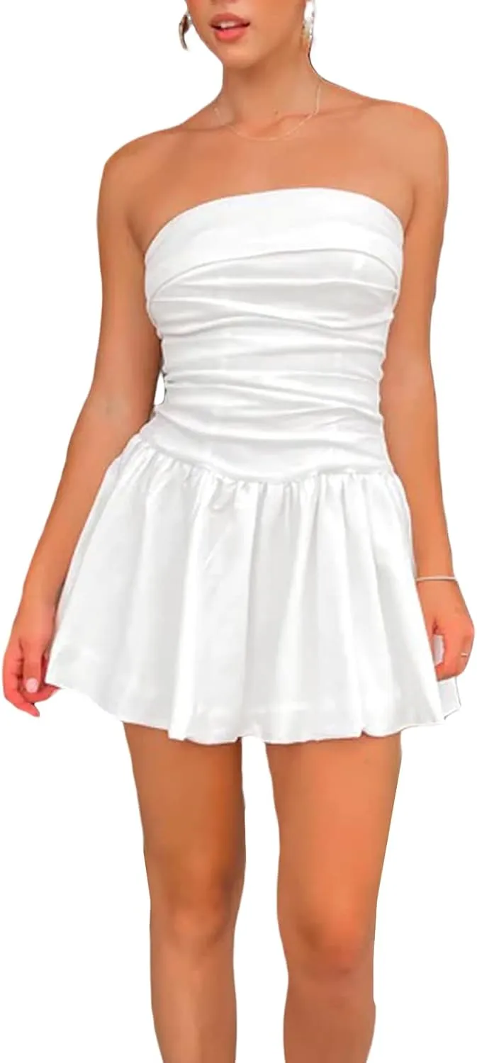 Women Summer Ruffle Floral Strapless Mini Dress Y2k Casual Layered Slim Fit Short Dress Flowy Boho Beach Sundress