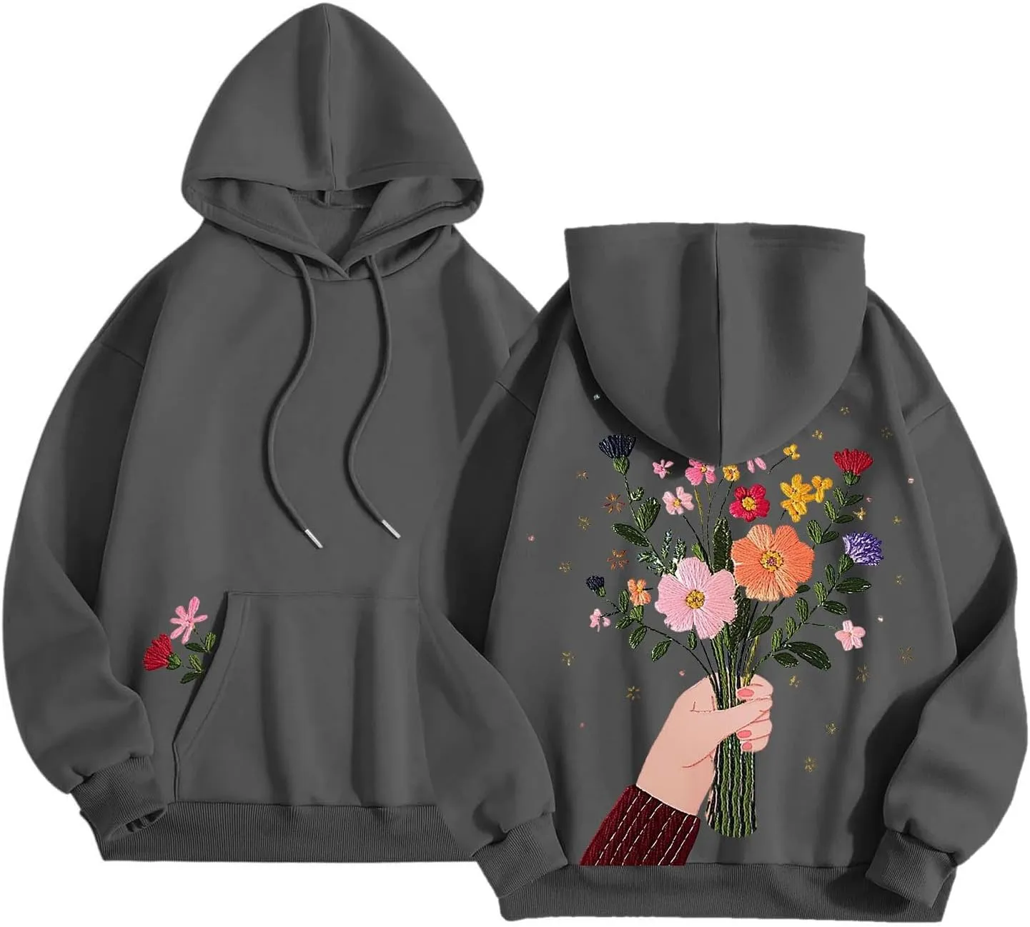 Women Sweatshirts Graphic Hoodies Oversized Pullover Flower Casual Long Sleeve Hooded Drawstring Sweatshirt