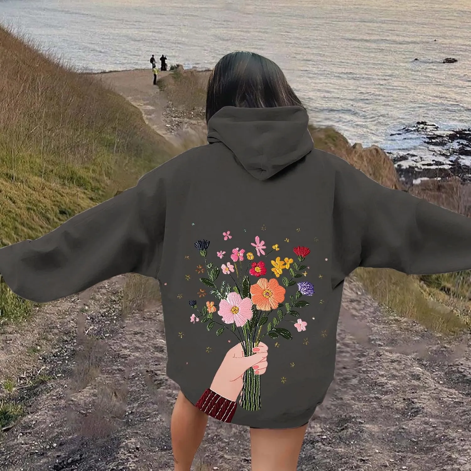 Women Sweatshirts Graphic Hoodies Oversized Pullover Flower Casual Long Sleeve Hooded Drawstring Sweatshirt
