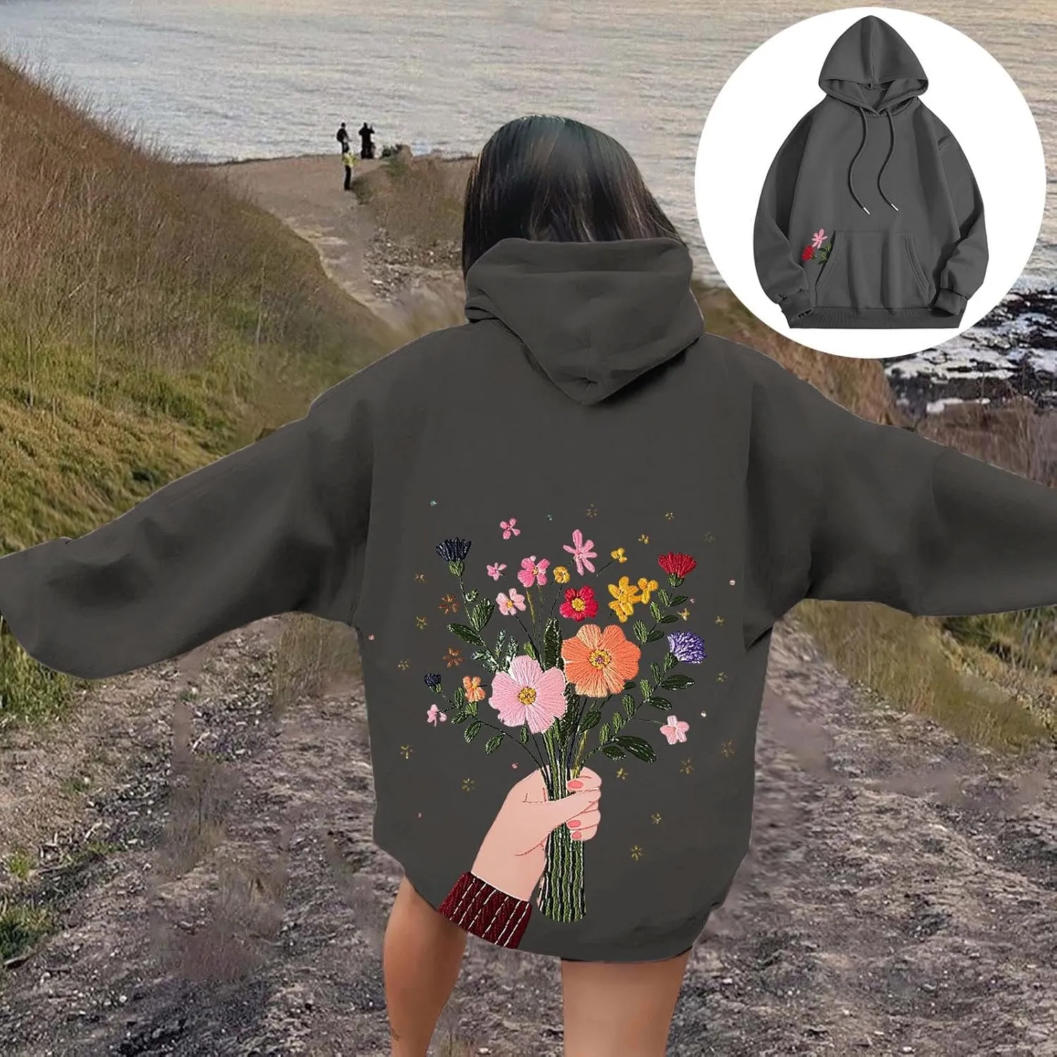 Women Sweatshirts Graphic Hoodies Oversized Pullover Flower Casual Long Sleeve Hooded Drawstring Sweatshirt