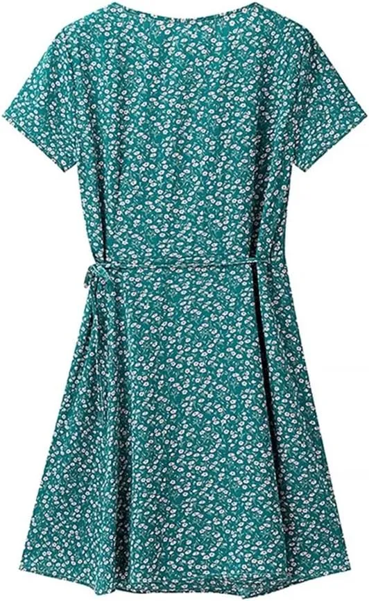 Women V Neck A-Line Mini Dress Floral Print Lace Up Short Sleeve Casual Holiday Dresses
