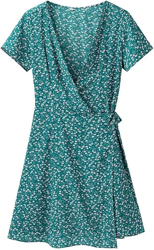 Women V Neck A-Line Mini Dress Floral Print Lace Up Short Sleeve Casual Holiday Dresses