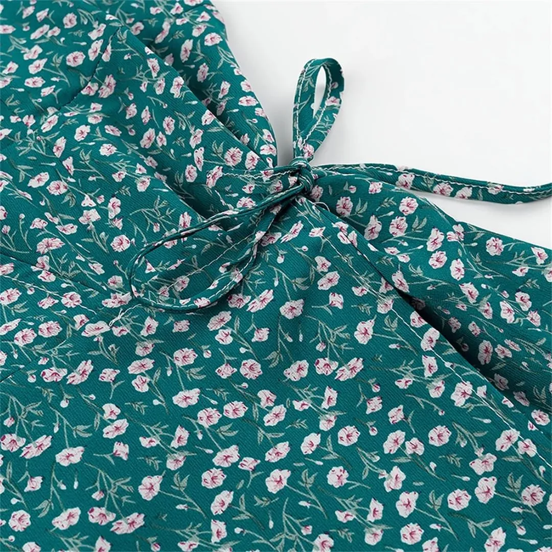 Women V Neck A-Line Mini Dress Floral Print Lace Up Short Sleeve Casual Holiday Dresses
