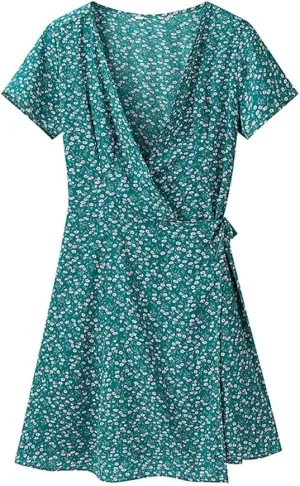 Women V Neck A-Line Mini Dress Floral Print Lace Up Short Sleeve Casual Holiday Dresses